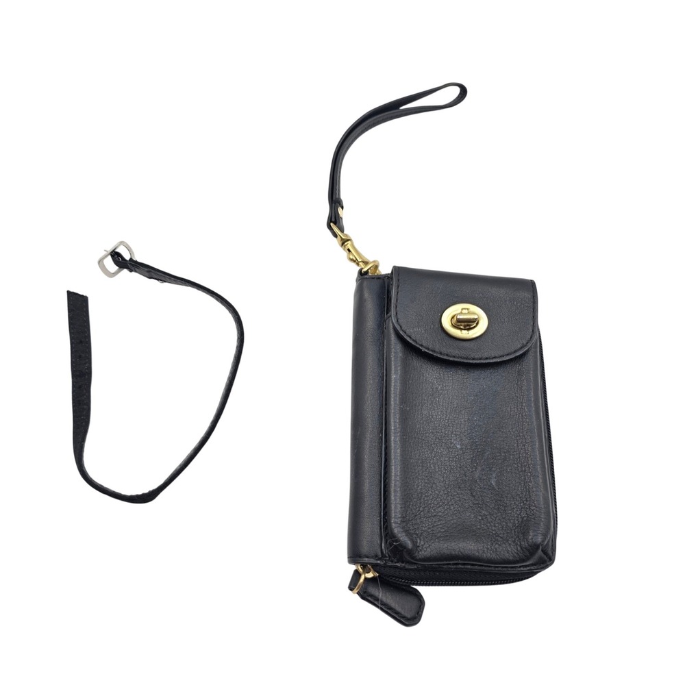 Coach Black Leather Turnlock Wristlet Wallet Gold Hardware Zip Around ID Window